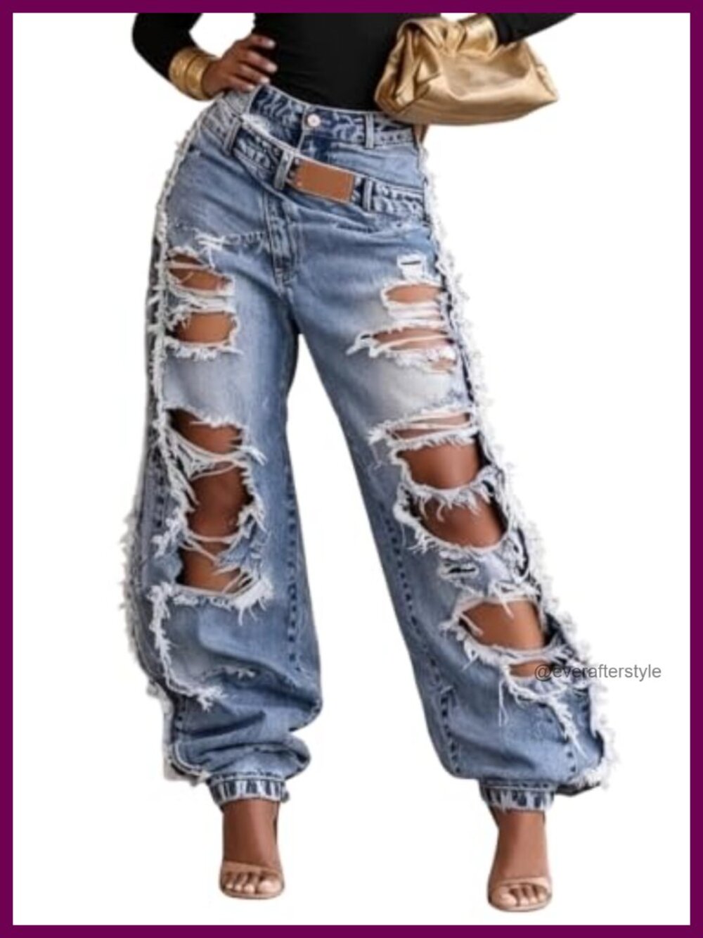 Womens Barrel Baggy Ripped Jeans High Rise Distressed Denim Pants